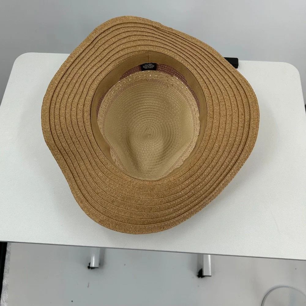 Boho Women Straw Sun Hat Colorblock Pink Tan Woven Wide Brim Floppy Summer Beach